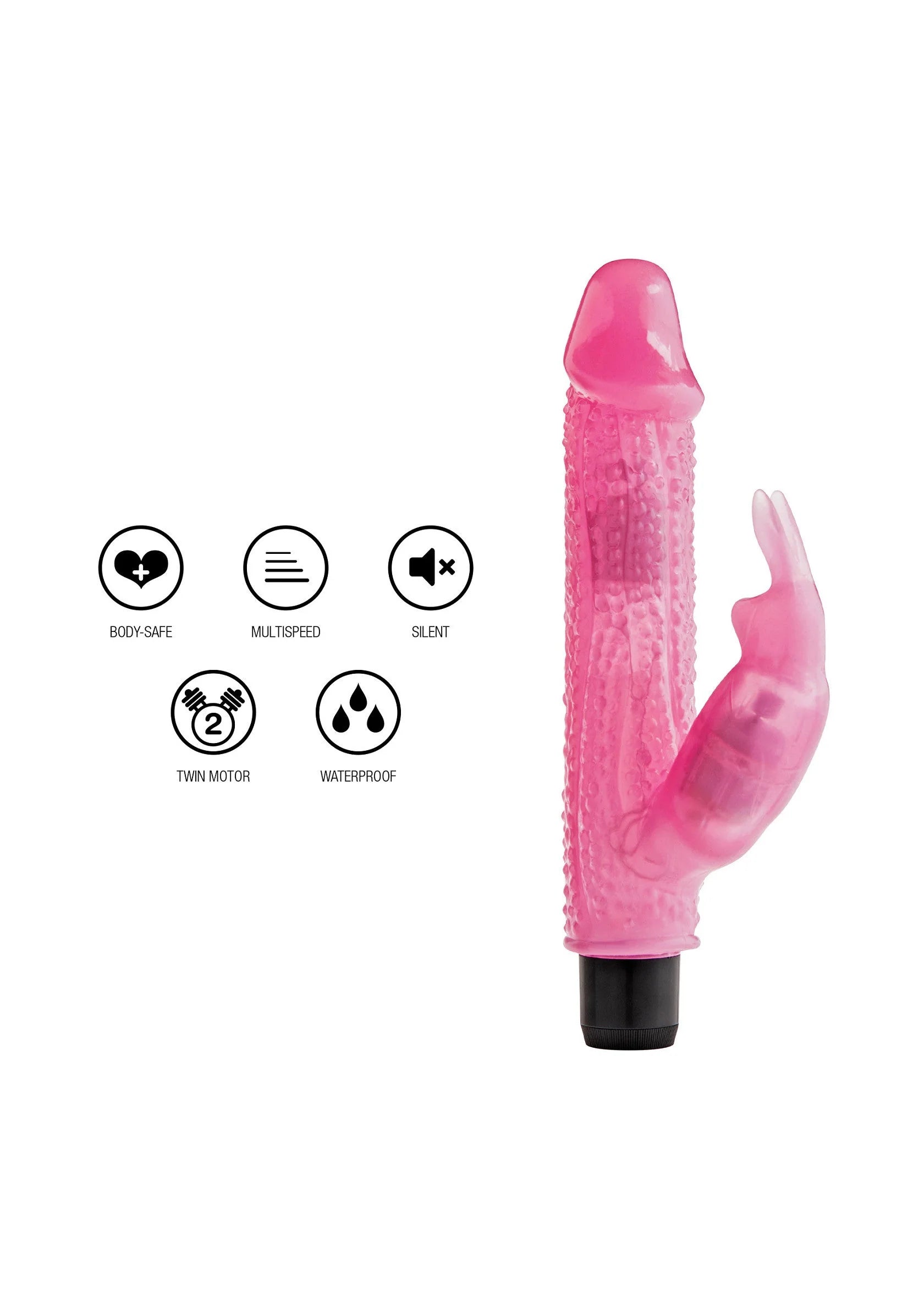 Roze vibrator met konijnvormige kop en ribbels, zwarte basis