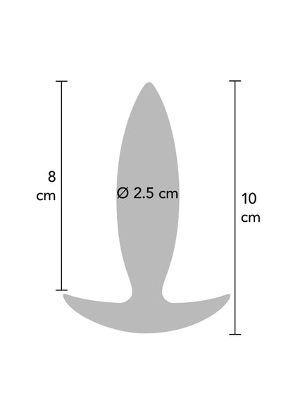 Anale buttplug starter (grijs) met afmetingen 8 cm en 10 cm, Ø 2,5 cm.
