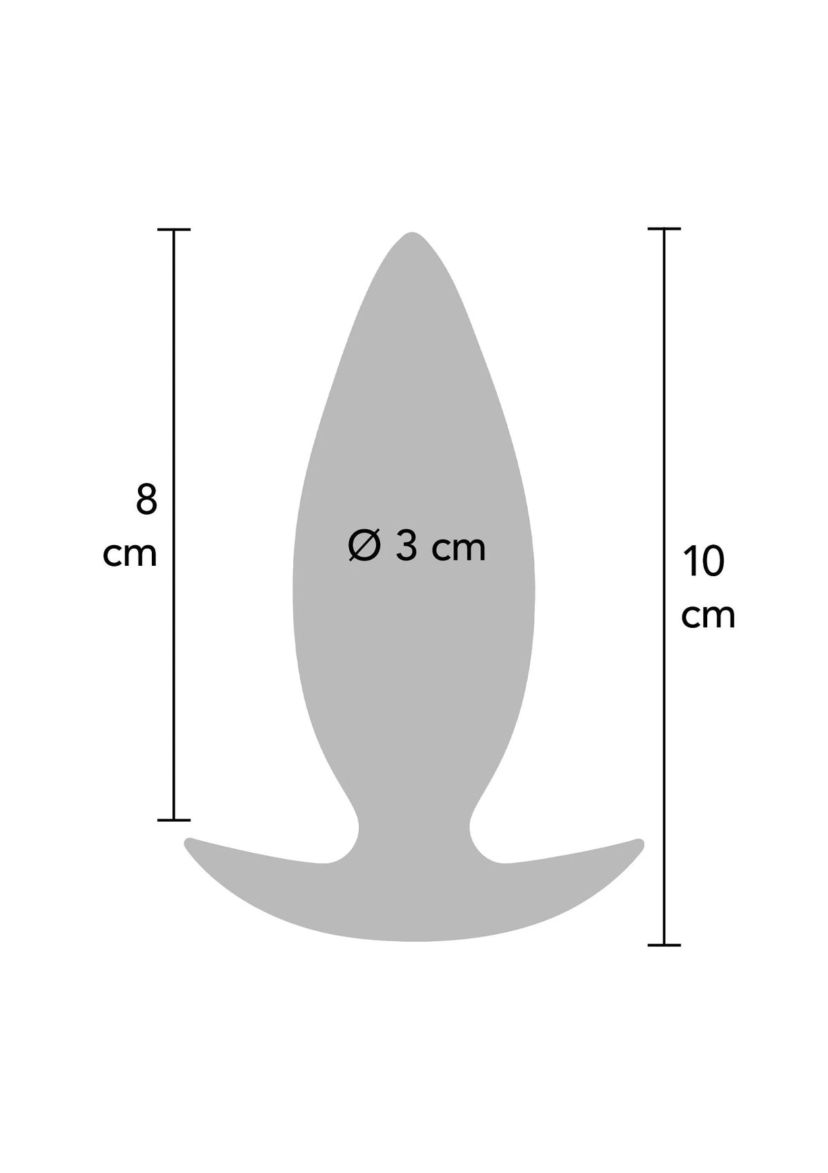 Grijze anale plug-schets met Ø3 cm en hoogtes van 8 cm en 10 cm