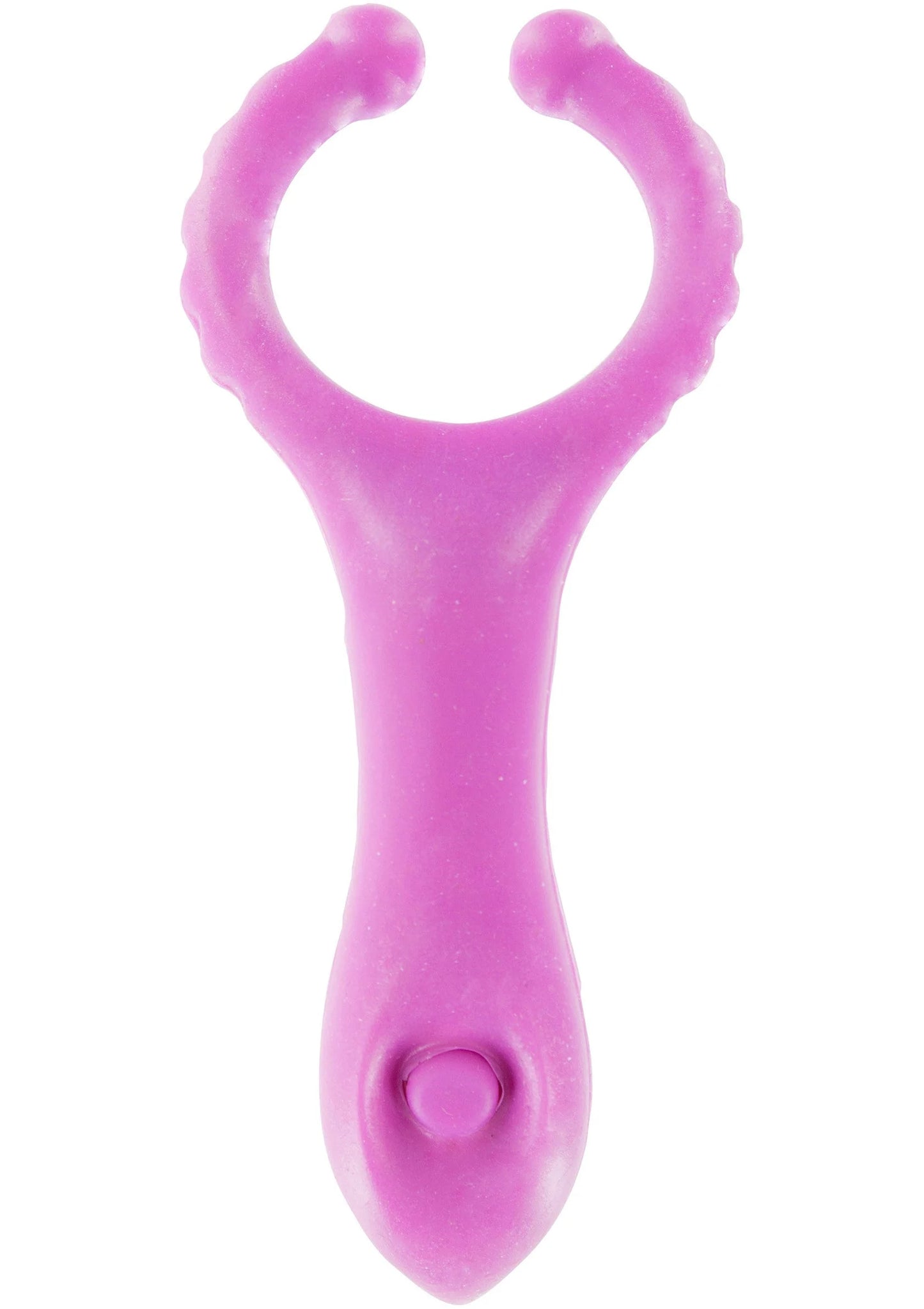 Roze/paars vibrerende C-ring stimulator, zicht op knop en ronde onderzijde