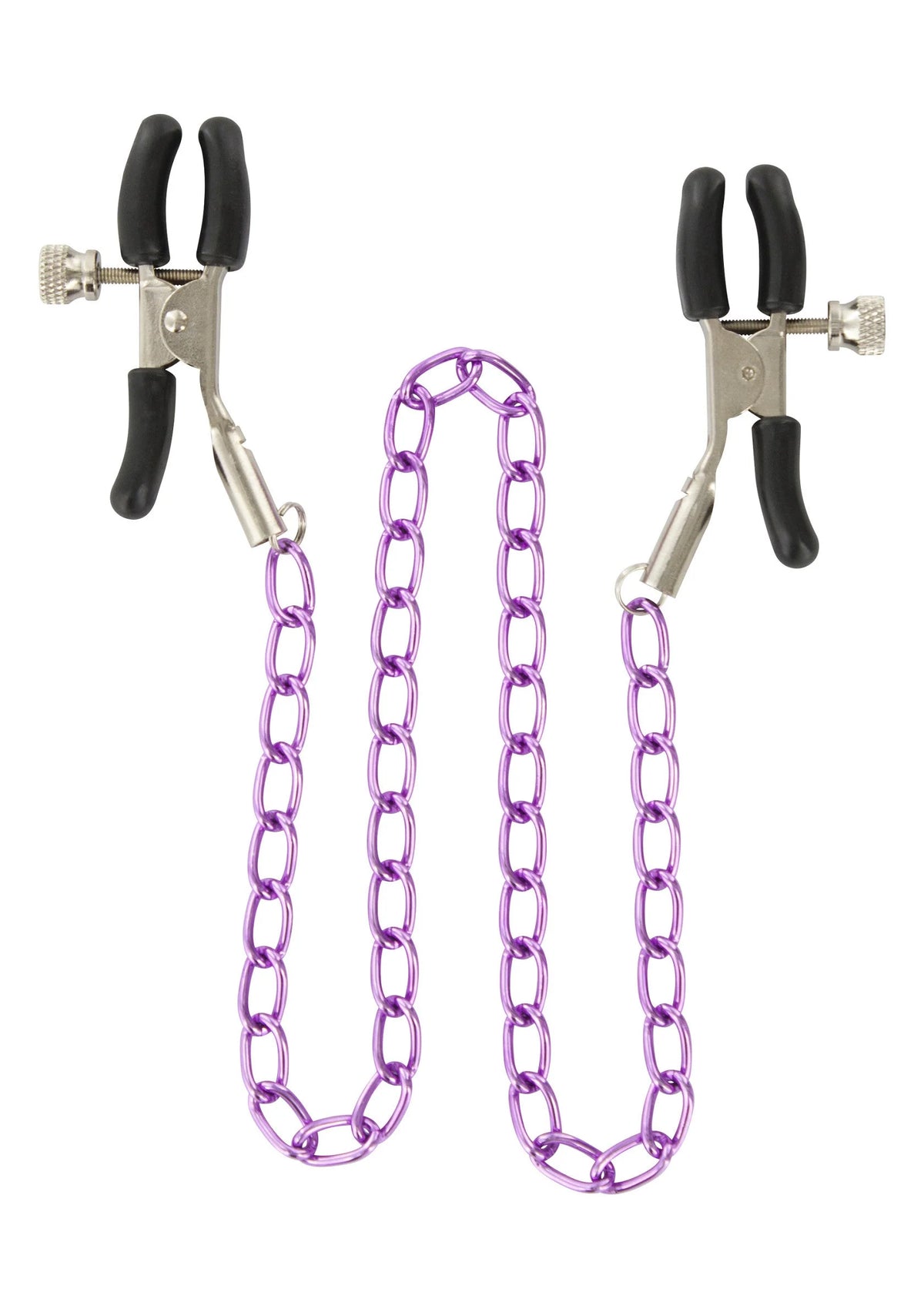 Paarse ketting met twee nippelklemmen en zilverkleurige klemstukken