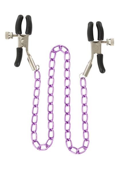 Paarse ketting met twee nippelklemmen en zilverkleurige klemstukken