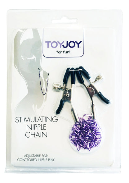 ToyJoy Stimulating Nipple Chain verpakking met zwarte klemmen en paarse schakels