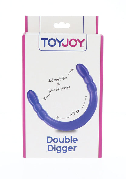 ToyJoy Double Digger verpakking met blauwe/paarse U-vormige dildo en dubbele lengte