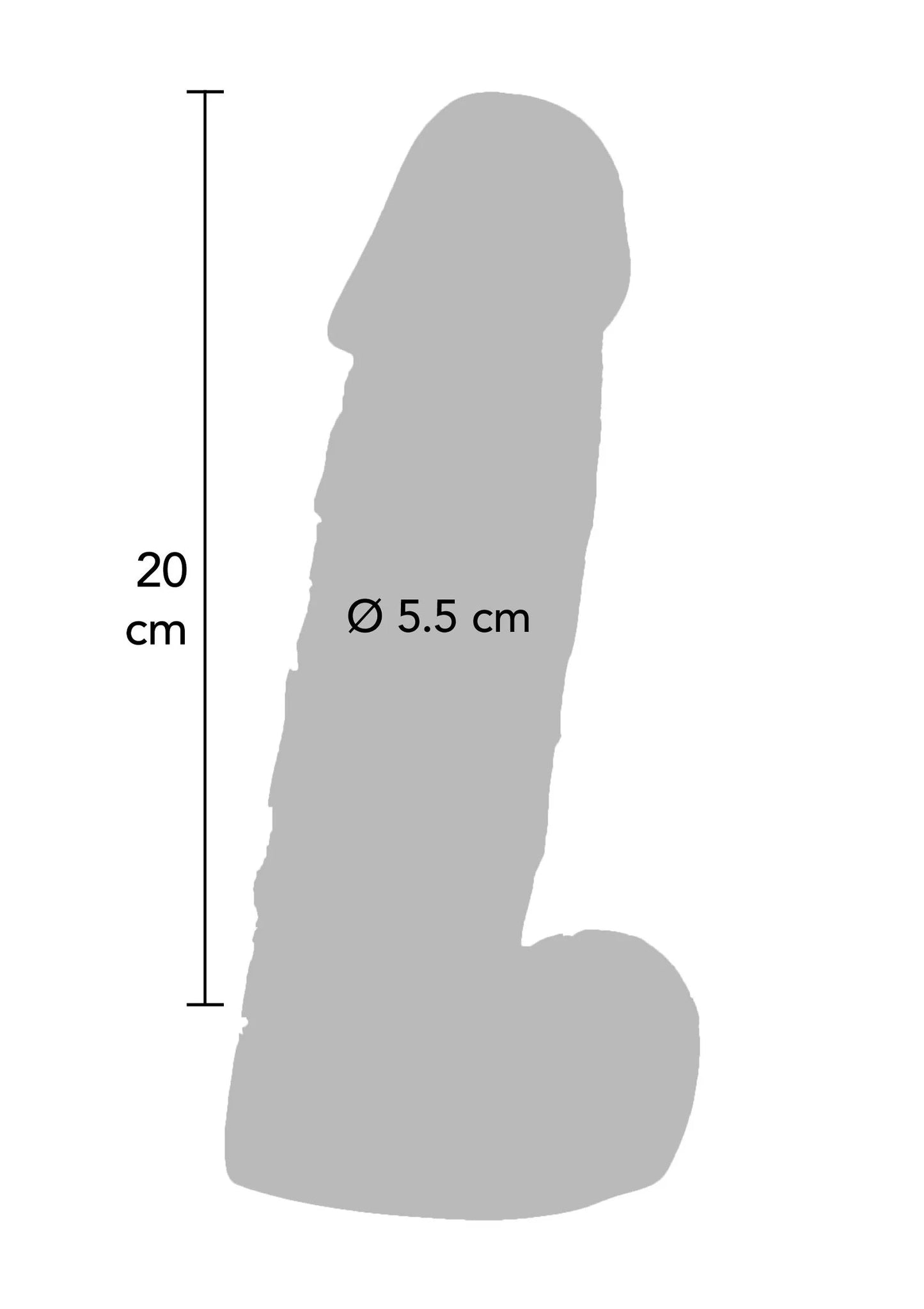 Silhouetschema: ToyJoy dildo maat 20 cm en Ø 5,5 cm.