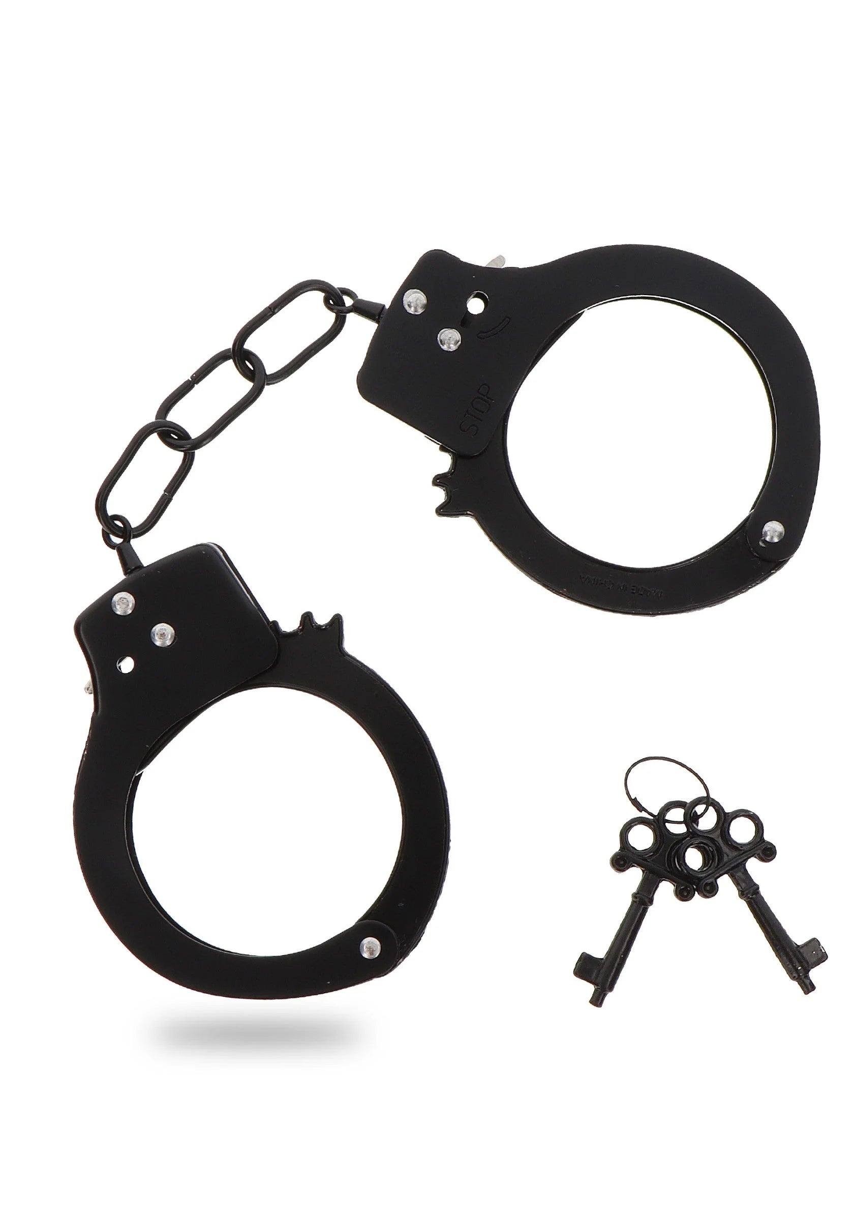 Zwarte metalen handboeien met ketting en sleutelset