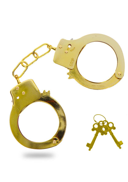 Gouden metalen handboeien met ketting, ronde boeien en decoratieve gaatjes