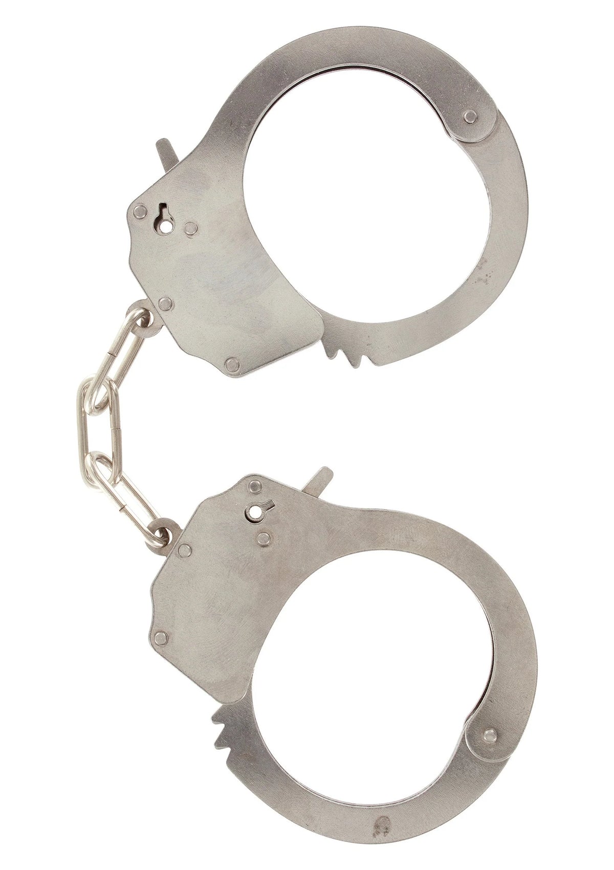 Zilverkleurige metalen handboeien met ketting en ronde boeien