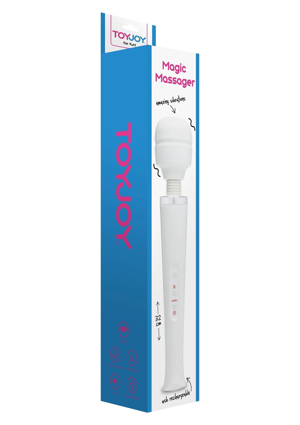 Doos van ToyJoy Magic Massager met blauwe branding en productillustratie