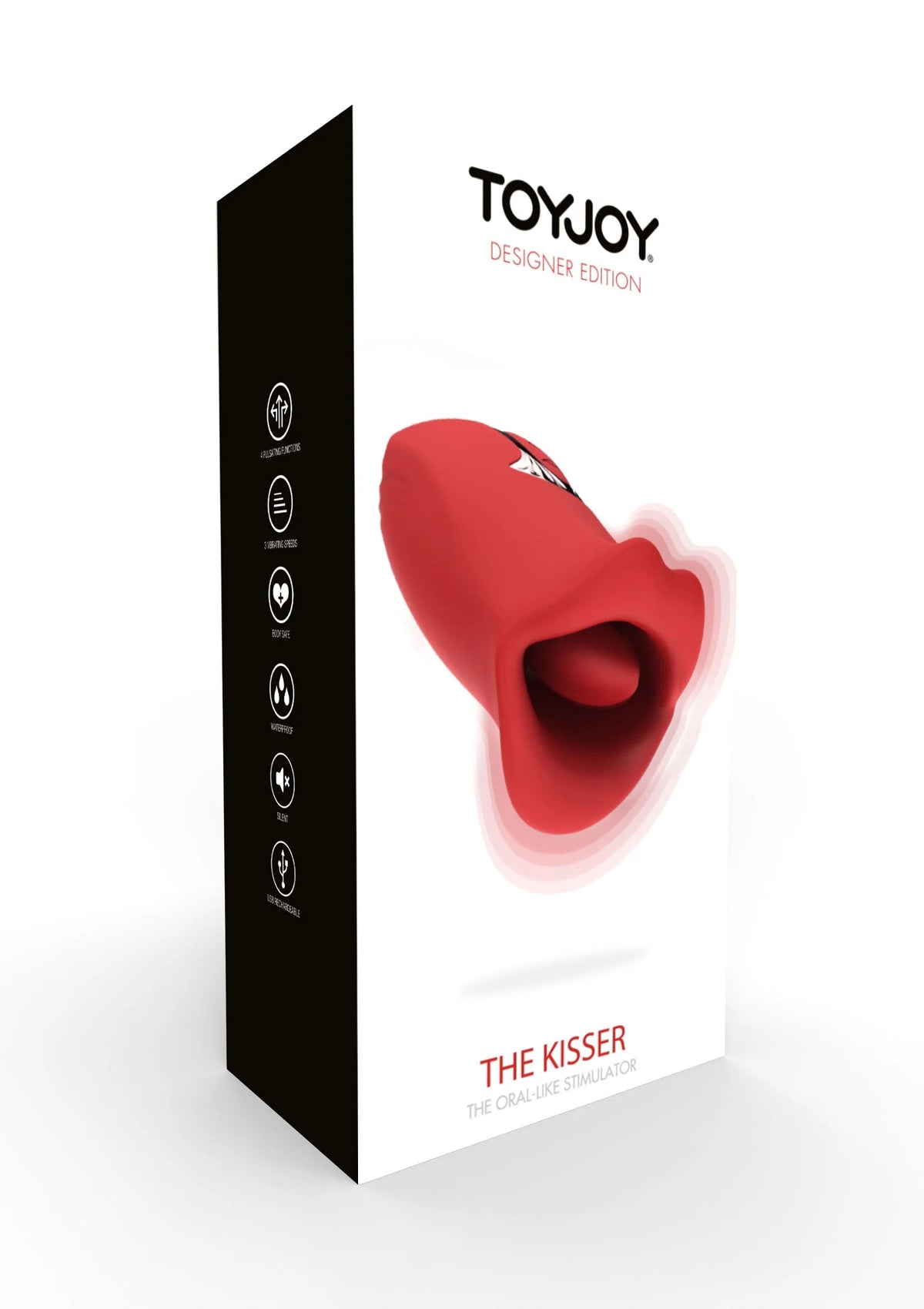 Rode kussentstimulator naast verpakking met TOYJOY Designer Edition en label