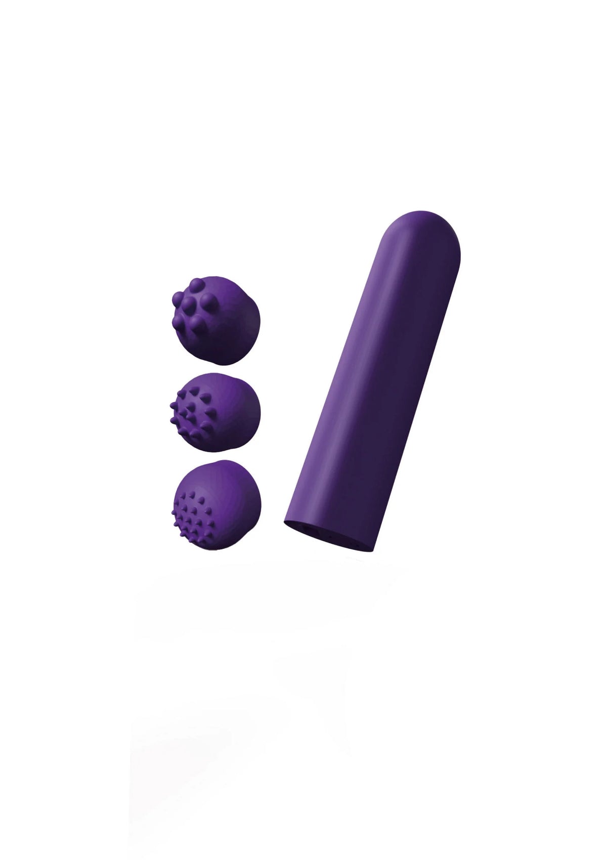 Paarse pocket vibrator met drie textuur-opzetstukken