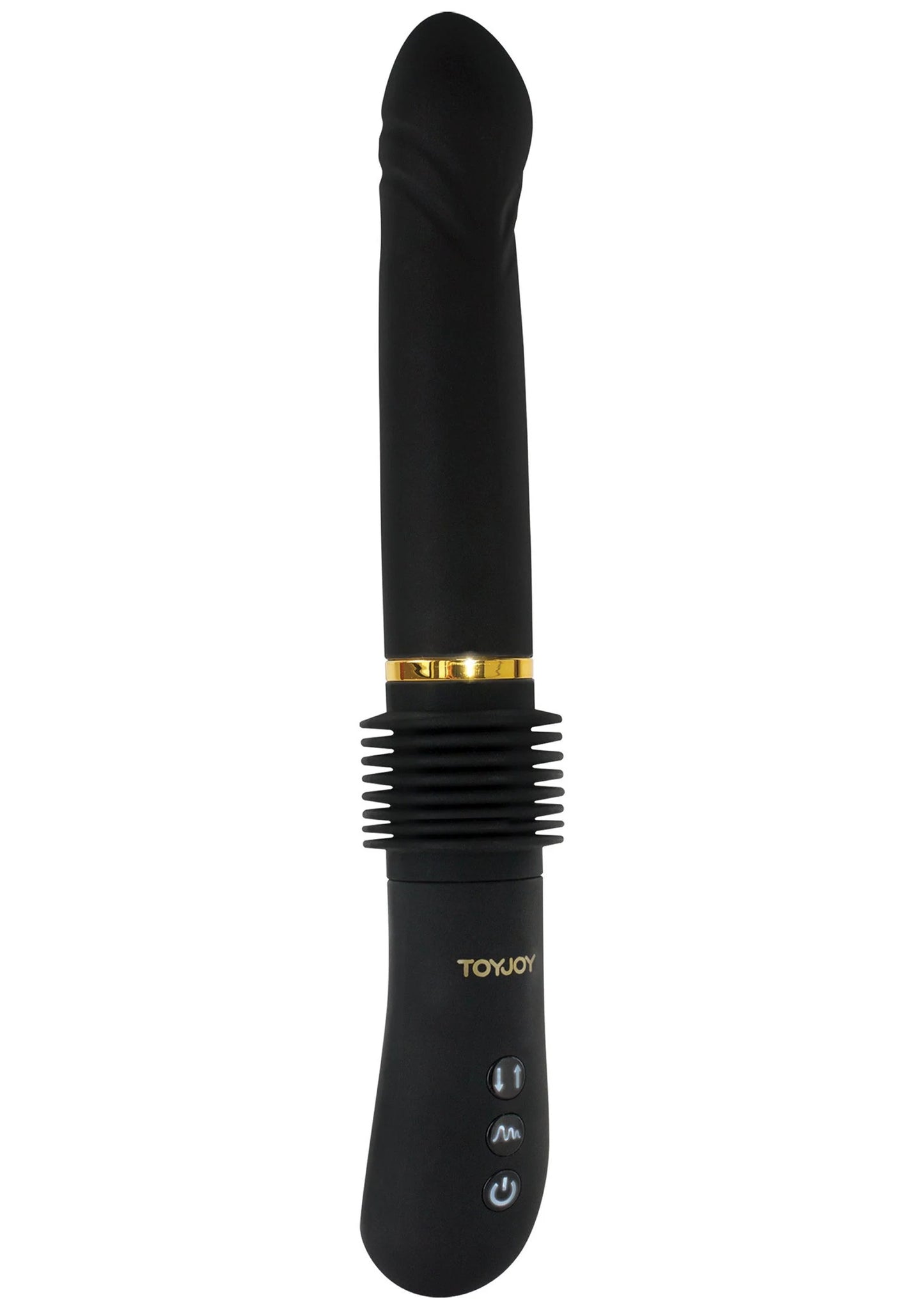 Zwarte vibrator met gouden ring, geribbelde hals en bedieningsknoppen