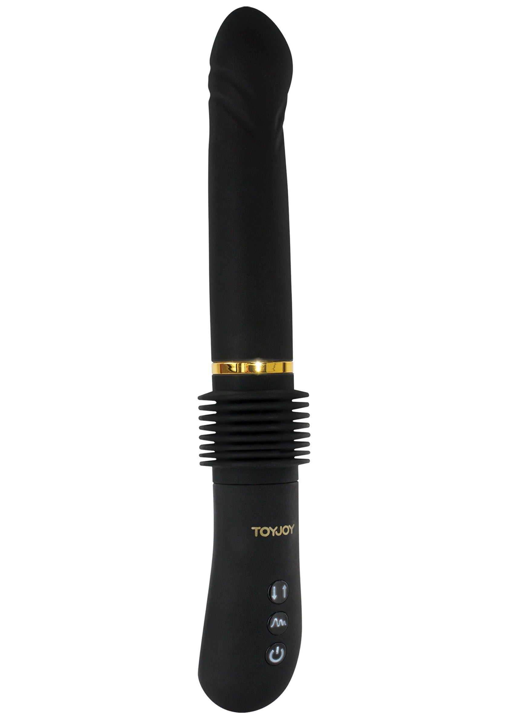 Zwarte vibrator met gouden ring, geribbelde hals en bedieningsknoppen