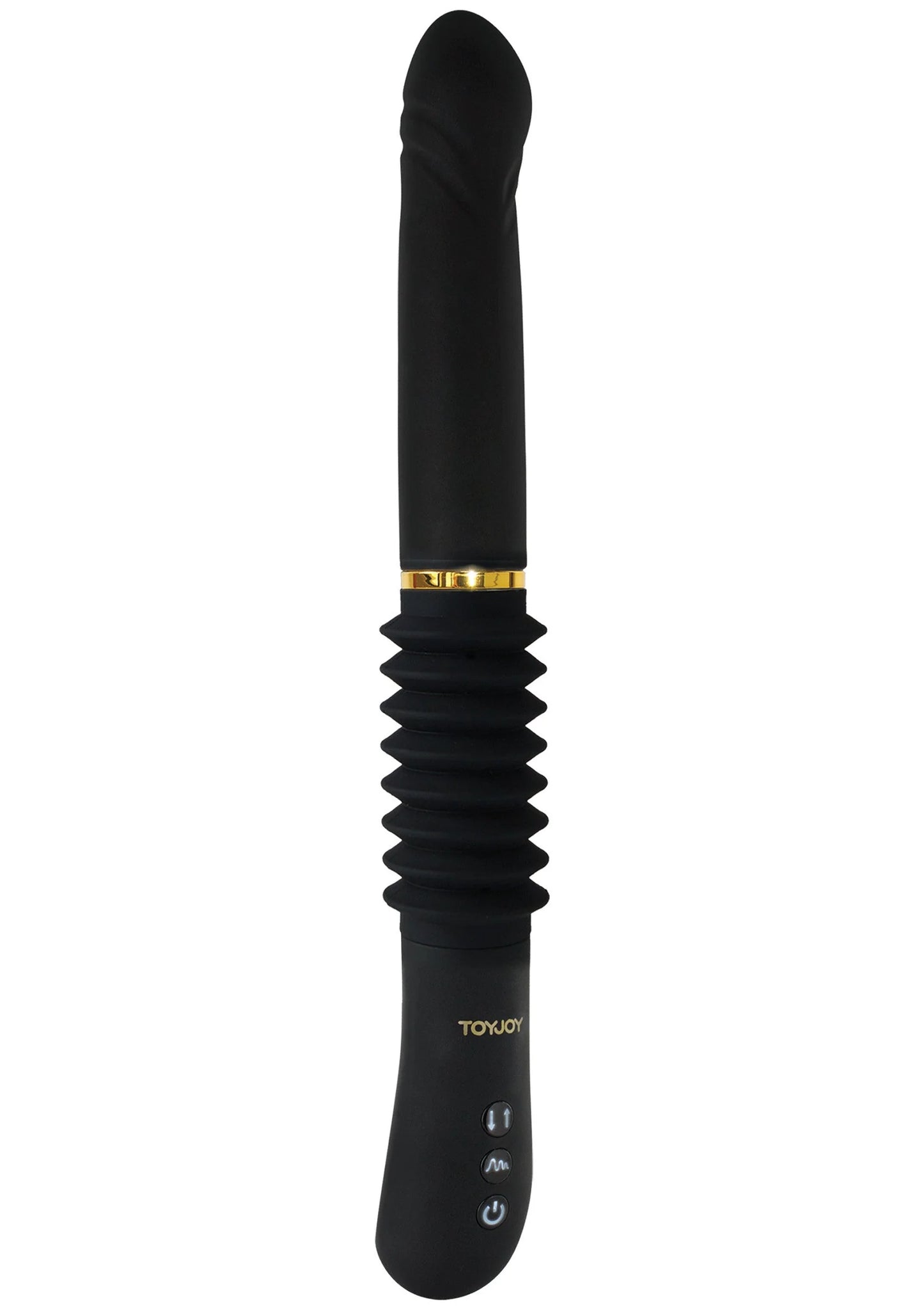Zwarte vibrator met geribbelde schacht, gouden ring en ronde bedieningsknoppen