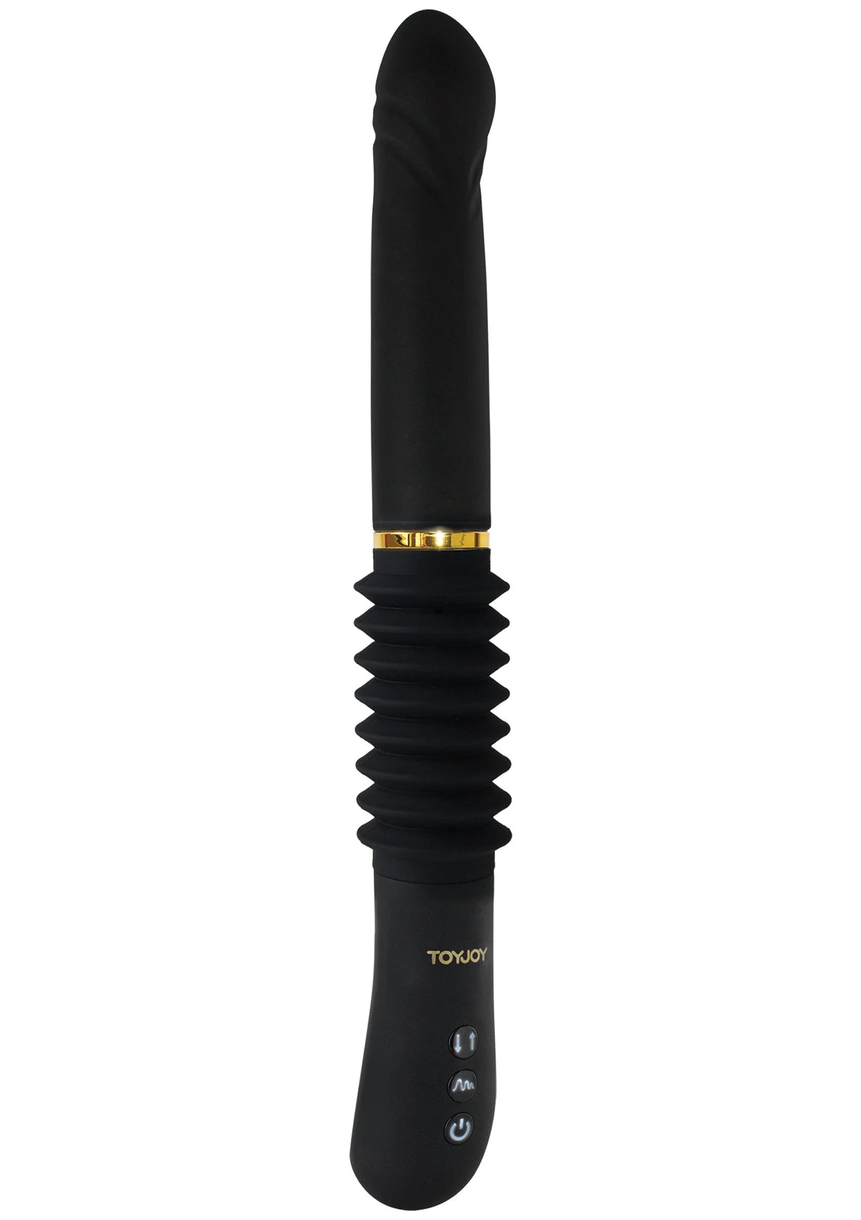 Zwarte vibrator met geribbelde schacht, gouden ring en ronde bedieningsknoppen