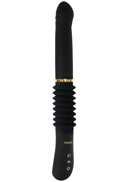 Zwarte vibrator met geribbelde schacht, gouden ring en ronde bedieningsknoppen
