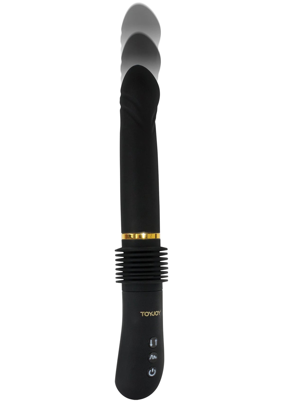 Zwarte ToyJoy thruster-vibrator met gouden ring en knoppen