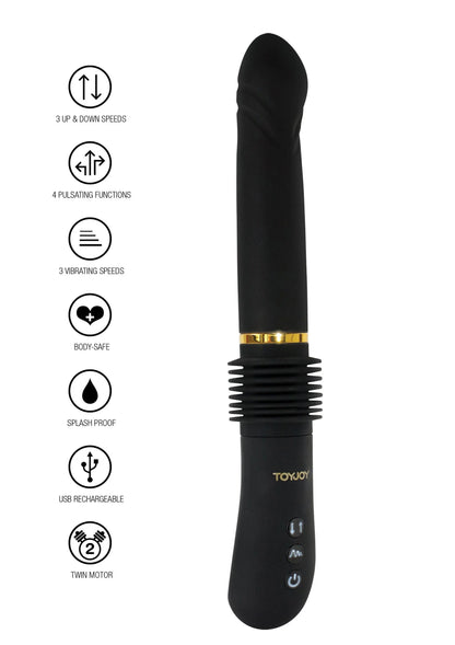 Zwarte ToyJoy thruster-vibrator met gouden ring en bedieningspaneel