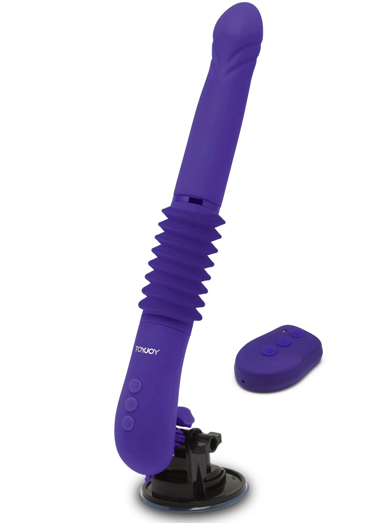 Paarse vibrator met zuignapbasis en handgreep, inclusief oplaadmodule.
