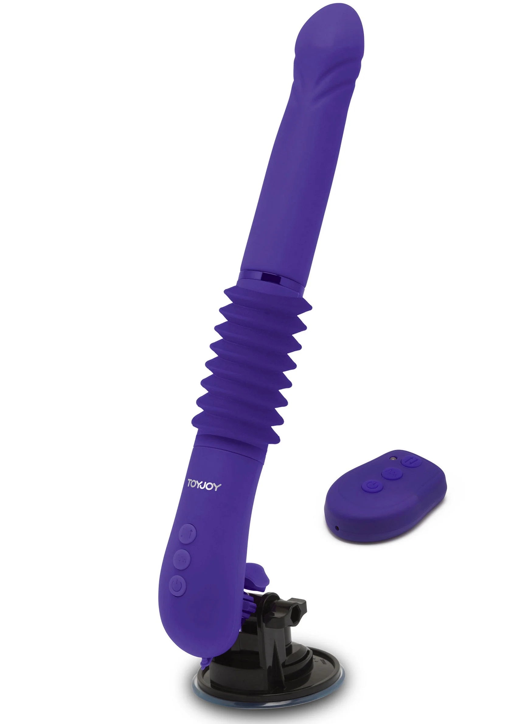 Paarse vibrator met zuignapbasis en handgreep, inclusief oplaadmodule.