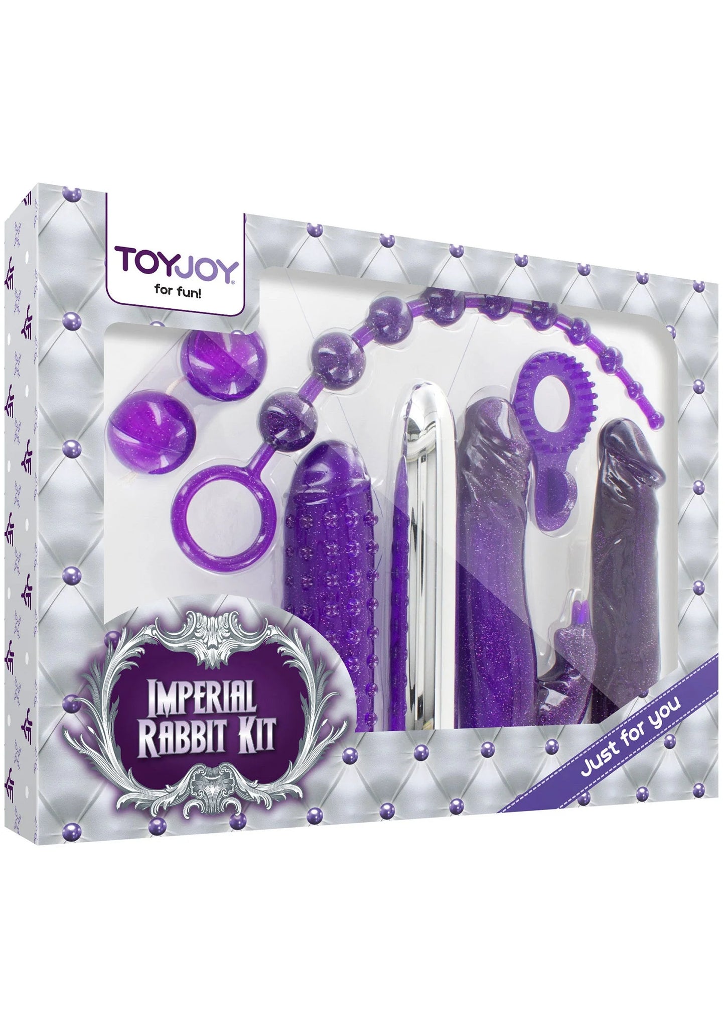 ToyJoy Imperial konijnenkit doos met paarse accessoires en “Just for You”-label