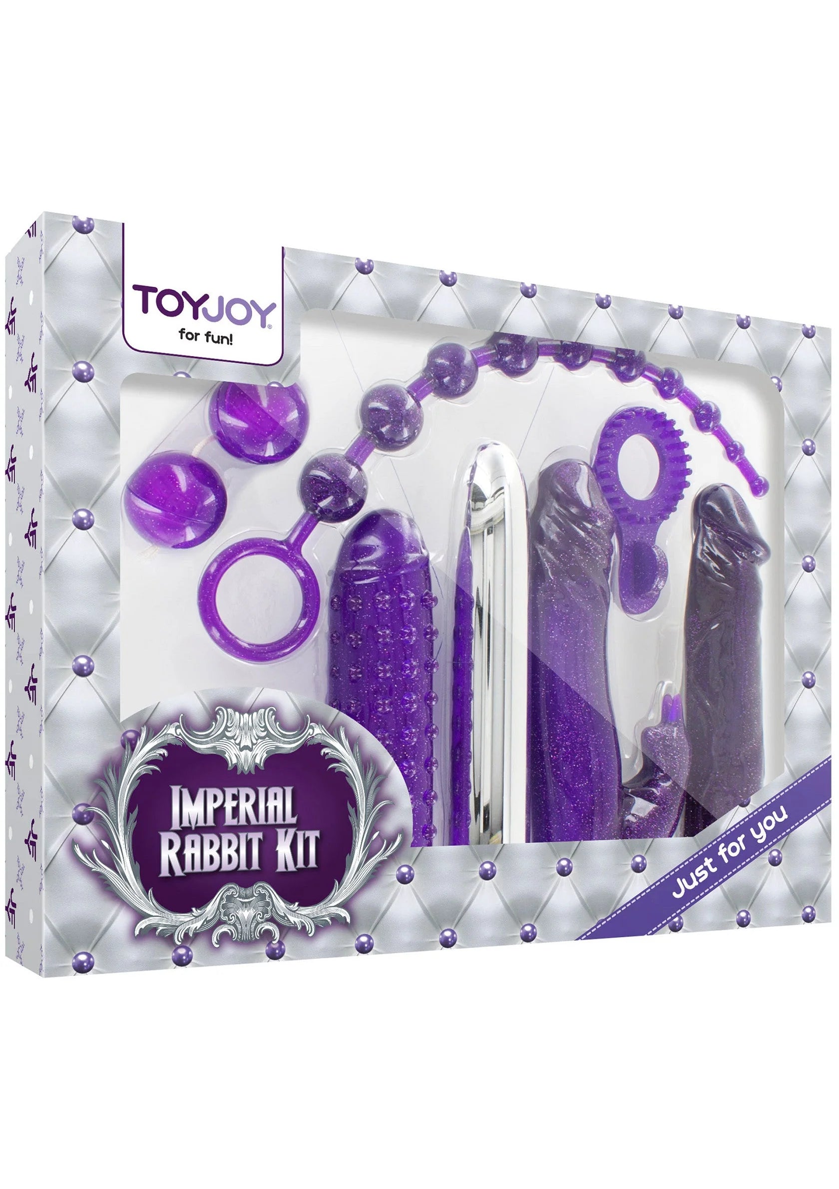 ToyJoy Imperial konijnenkit doos met paarse accessoires en “Just for You”-label