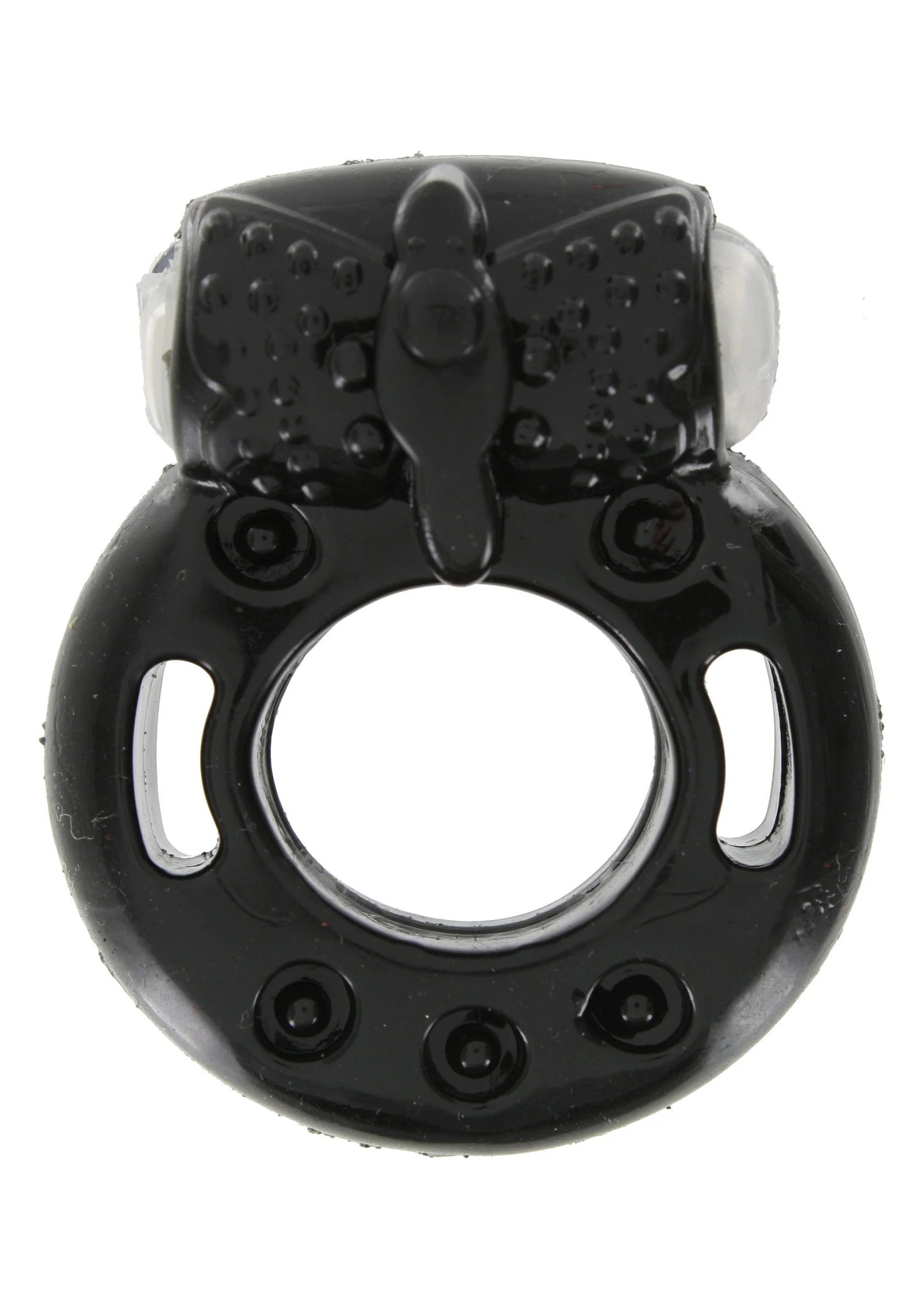 Zwarte ringvormige accessoire met centrale knop en noppen