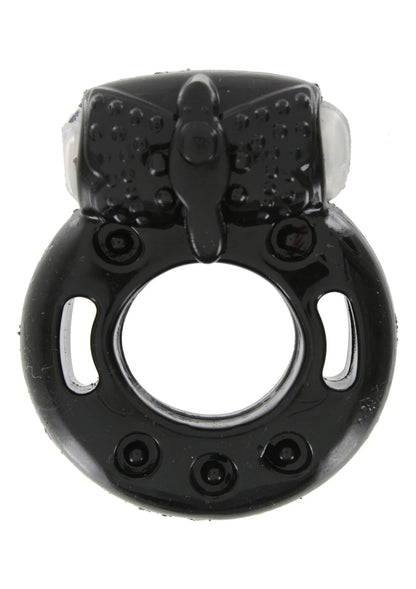 Zwarte ringvormige accessoire met centrale knop en noppen