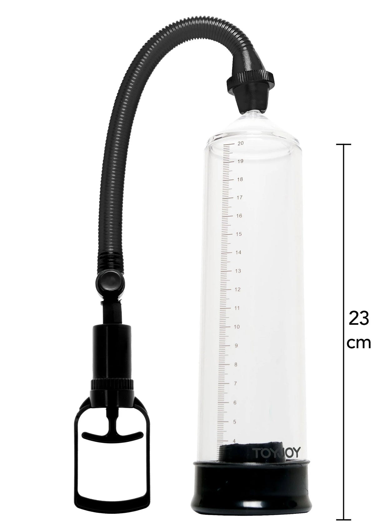Transparante power pump met zwarte slang en voetbasis, met maatverdeling op reservoir