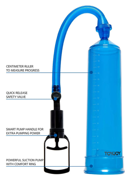 Blauwe power pump met slang en flesvormige behuizing, zwarte handgreep en voetring