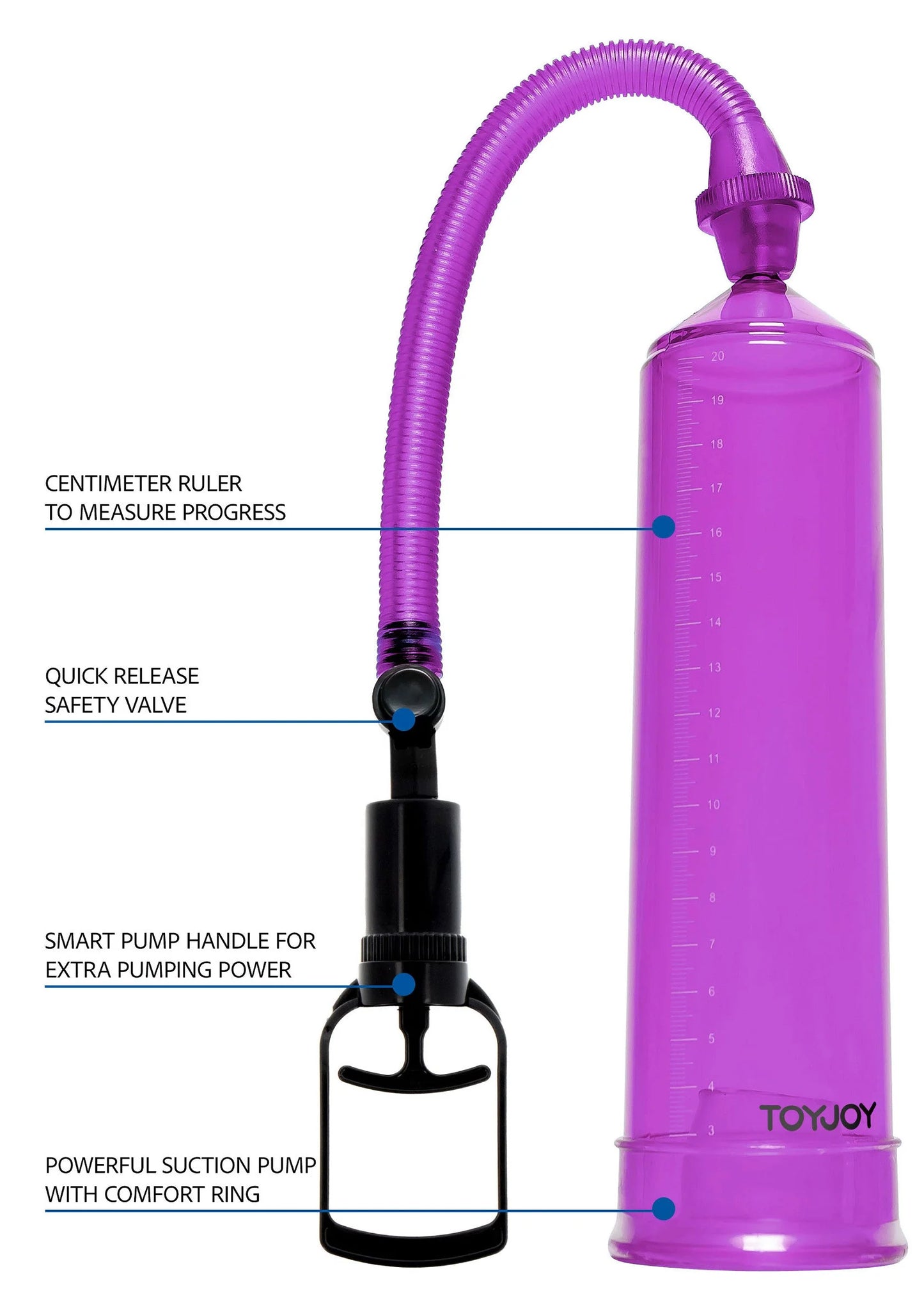 Paarse power pump met slang en flesvormig reservoir, zwarte handgreep en voetring