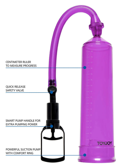 Paarse power pump met slang en flesvormig reservoir, zwarte handgreep en voetring