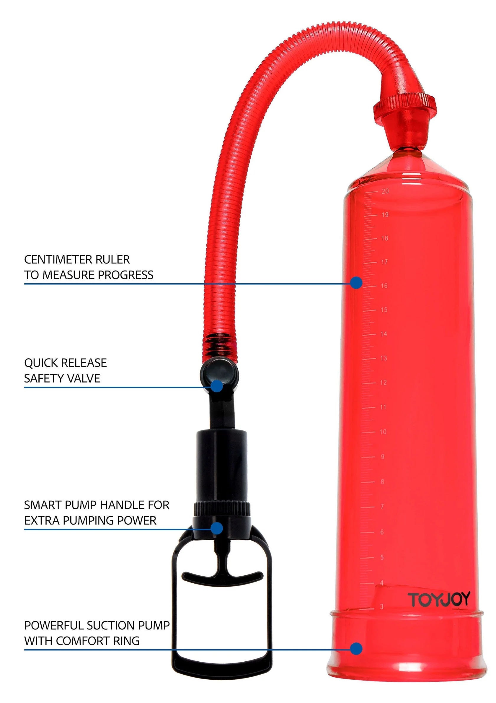 Rode power pump met slang en flesvormig reservoir, zwarte handgreep en voetring