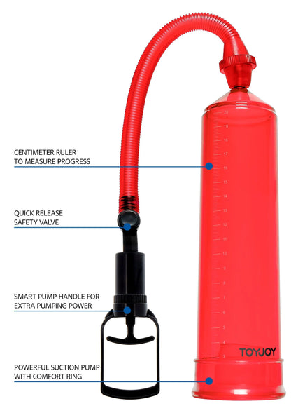 Rode power pump met slang en flesvormig reservoir, zwarte handgreep en voetring