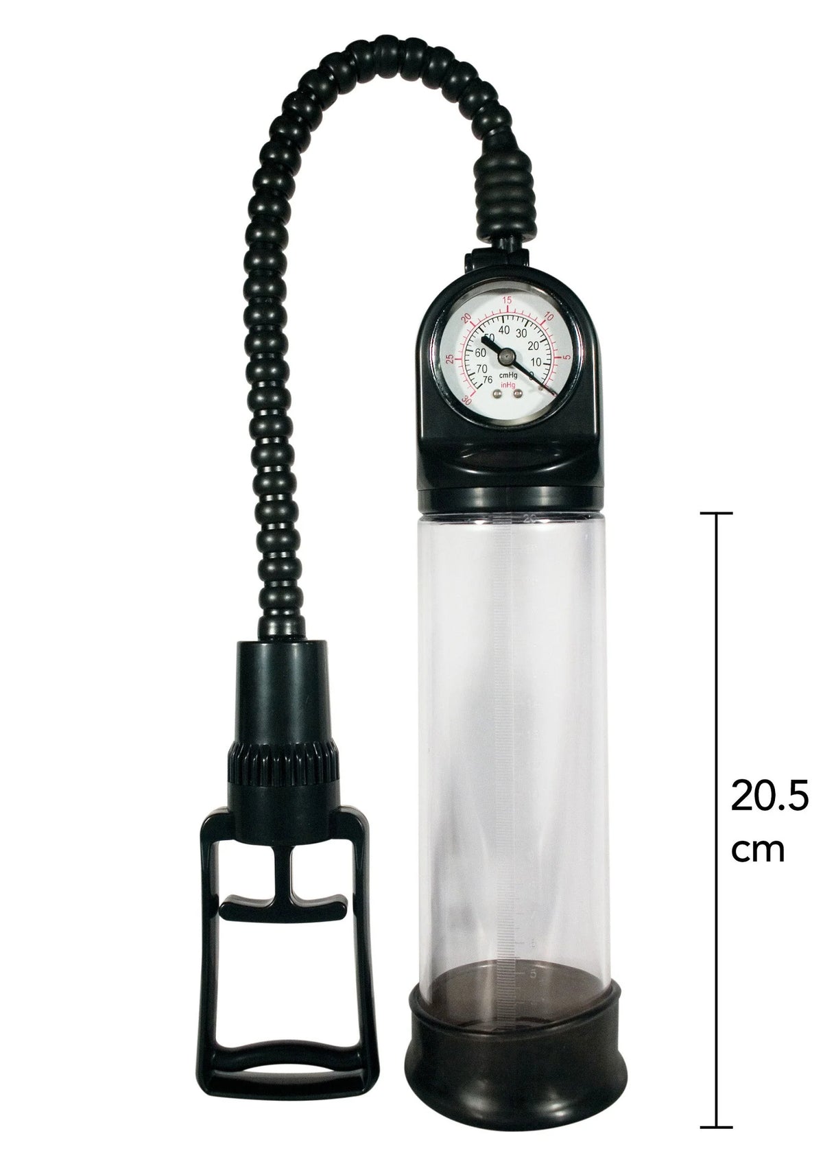 Handpomp met manometer, transparante cilinder met afmeting 20,5 cm