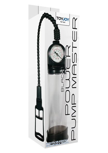 ToyJoy-verpakking met handpomp en manometer, transparante cilinder met zwarte slang