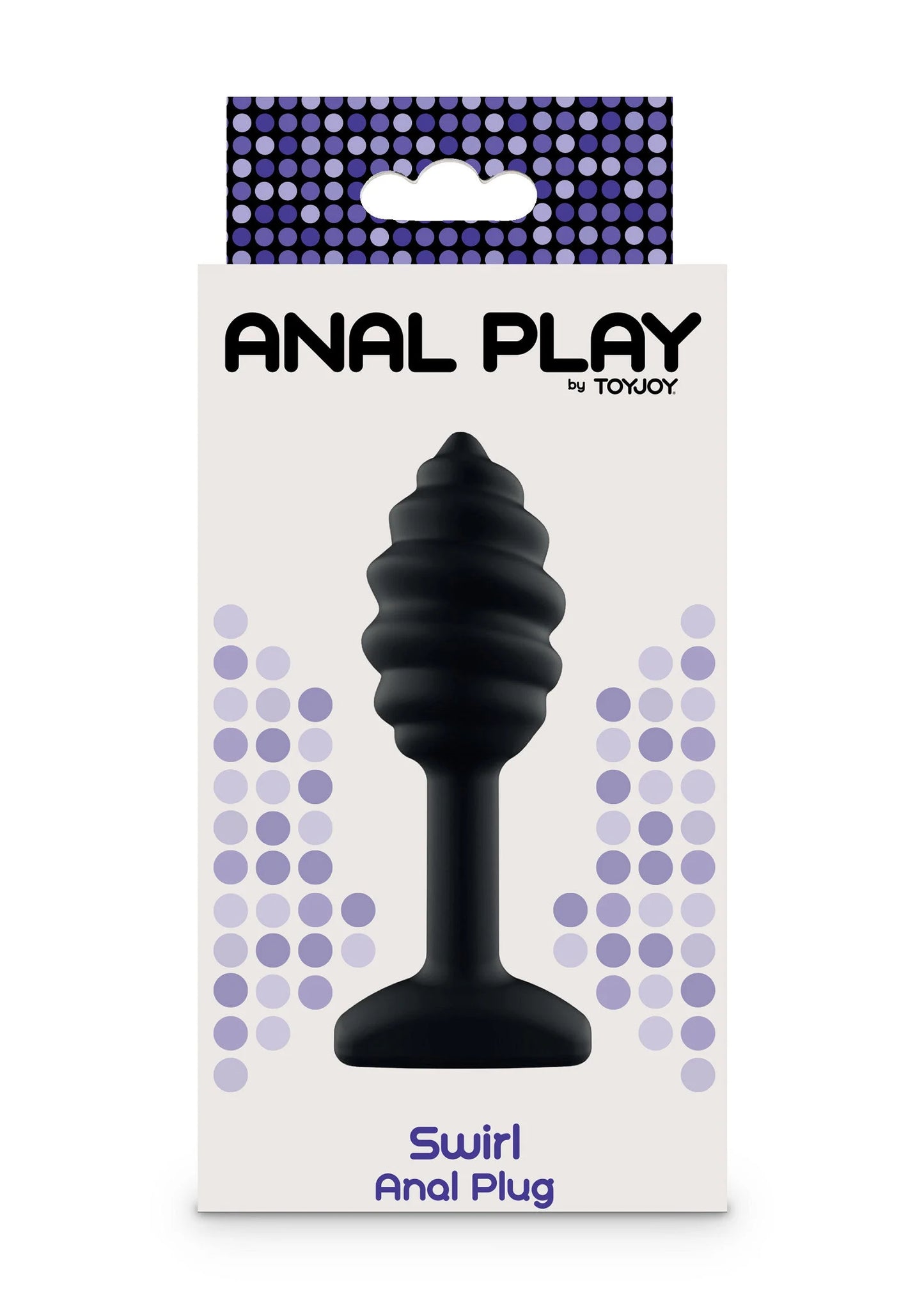 Verpakte ToyJoy Anal Play Swirl anale plug met paarse stippen en zwarte plug