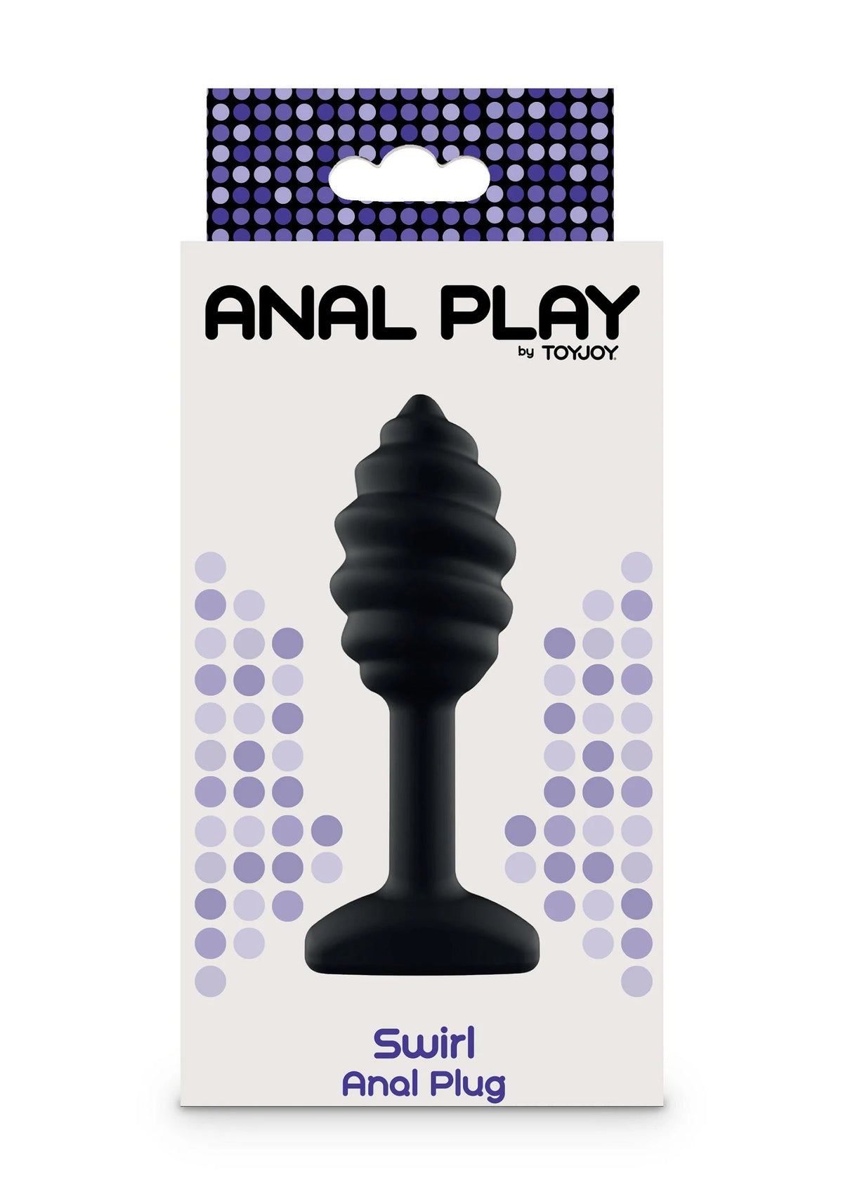 Verpakte ToyJoy Anal Play Swirl anale plug met paarse stippen en zwarte plug