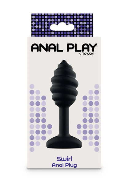 Verpakte ToyJoy Anal Play Swirl anale plug met paarse stippen en zwarte plug