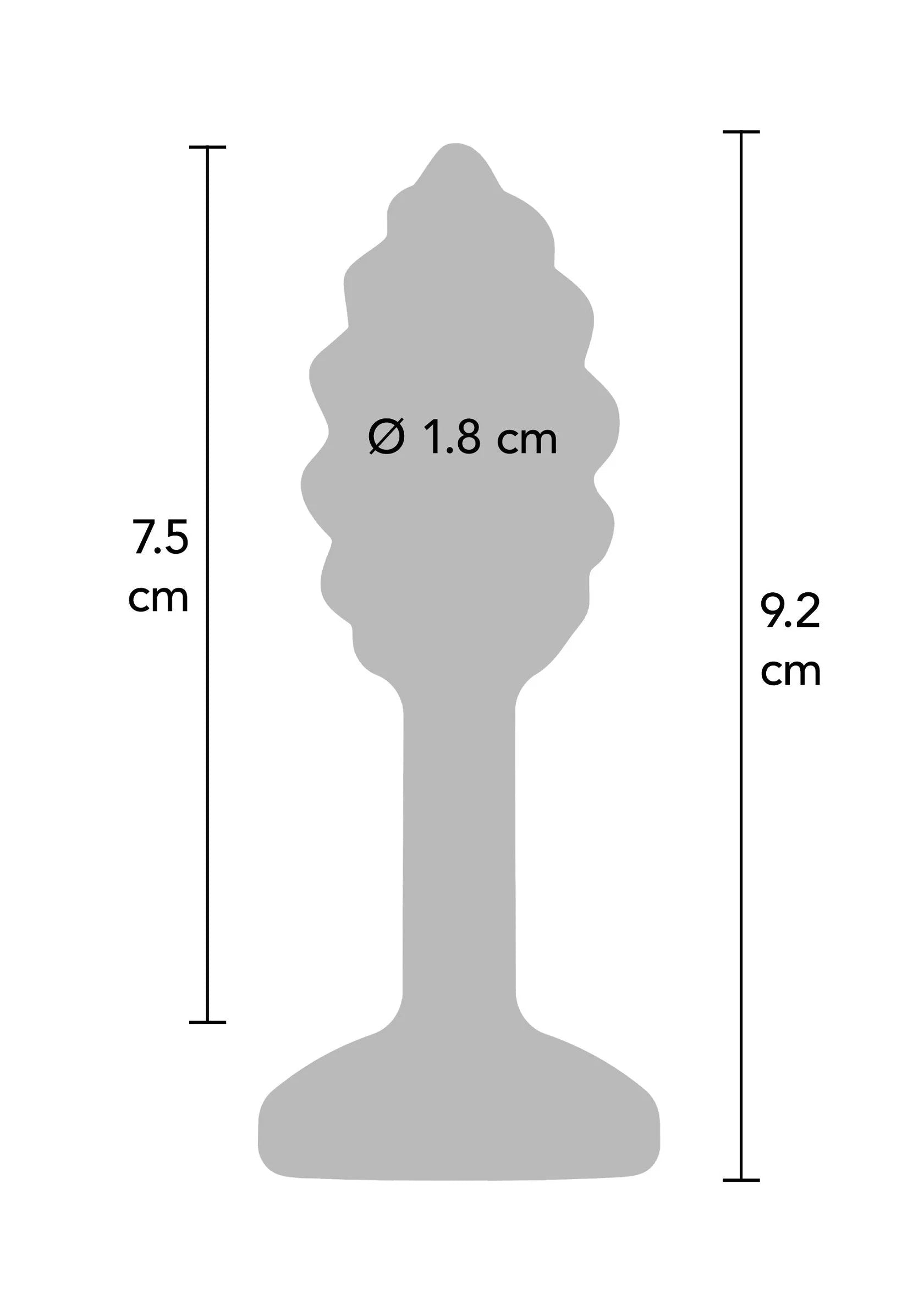 Zwarte swirl anale plug met maatindicatie: Ø 1,8 cm en 9,2 cm hoogte