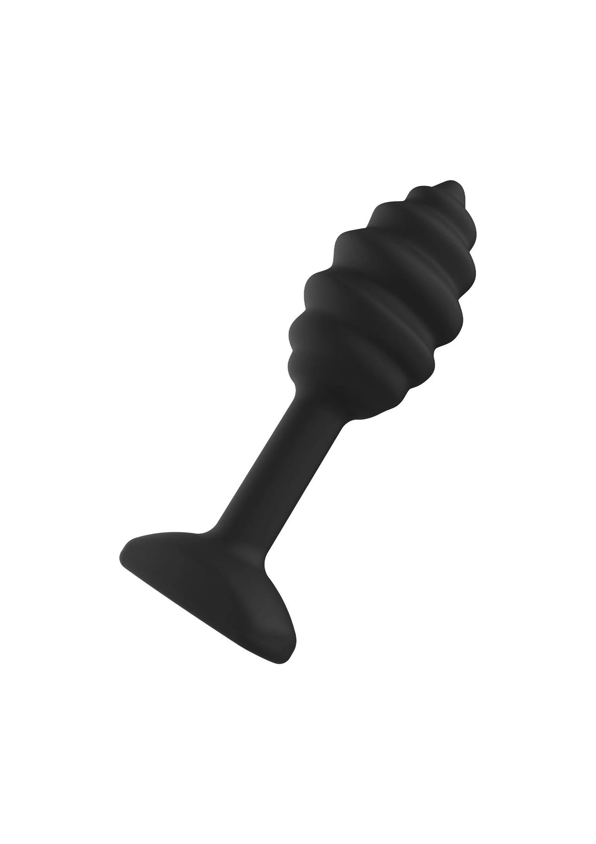 Zwarte swirl anale plug in diagonaal zijaanzicht met brede voet en stop