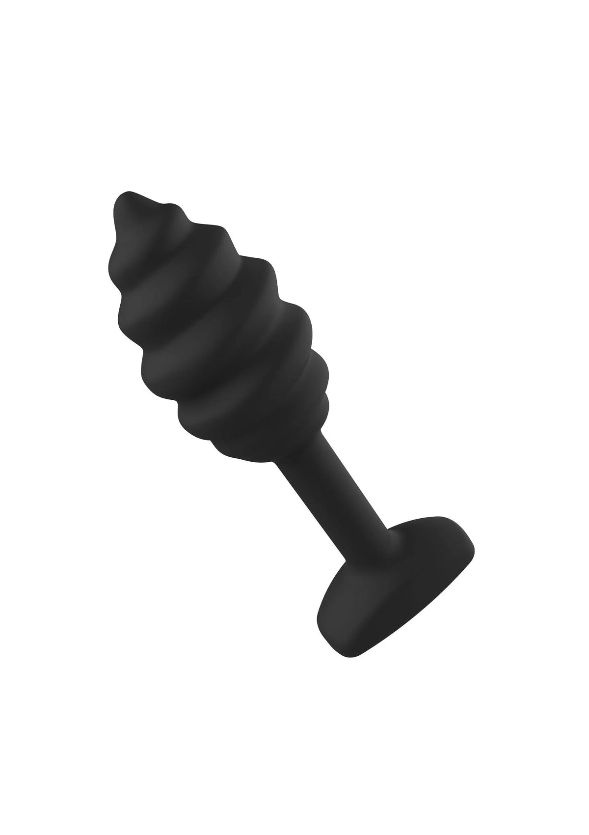 Zwarte swirl anale plug in zijaanzicht met brede voet en taps toelopende top