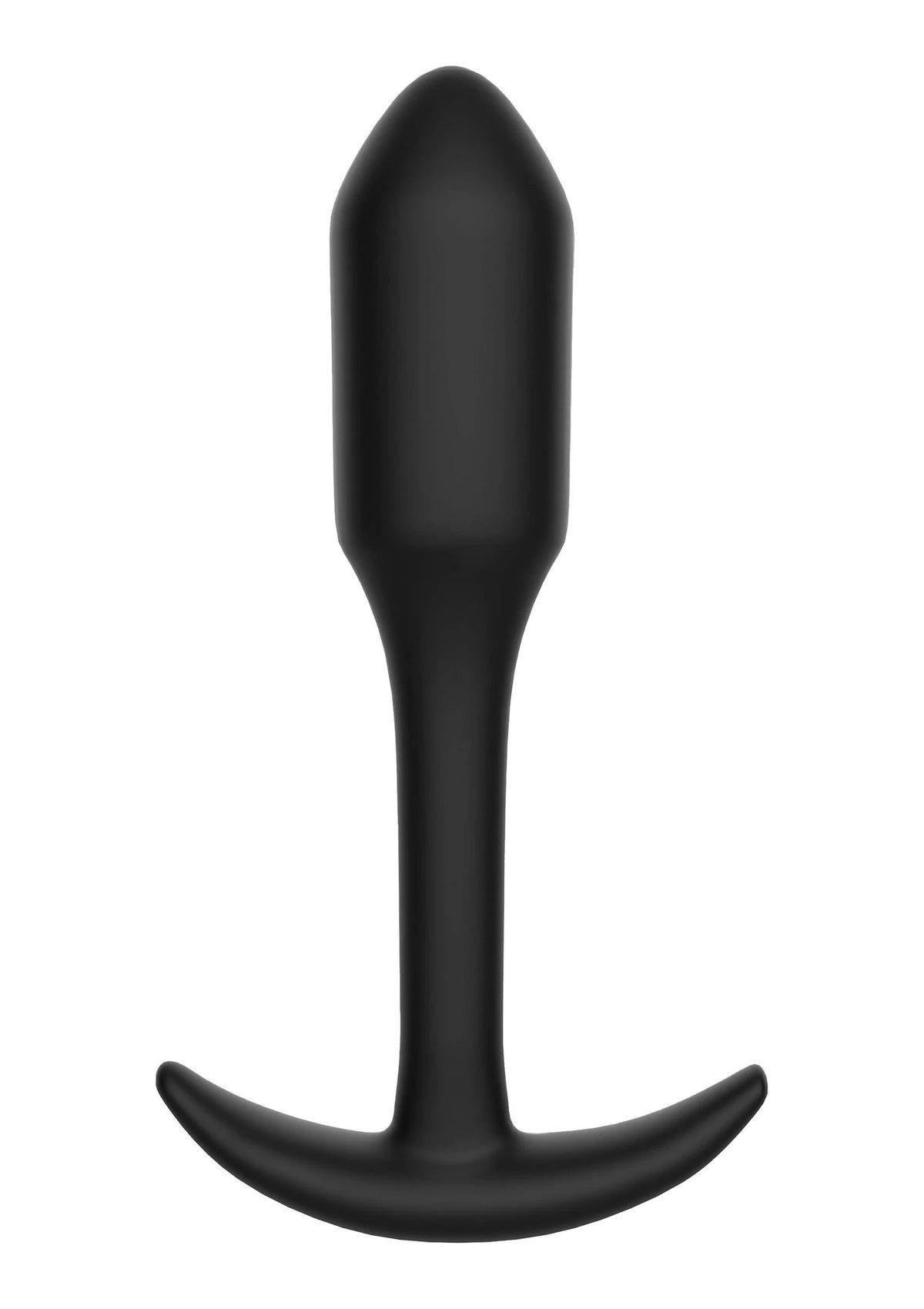 Zwarte anale plug met ronde punt en brede U-vormige flens, glad.