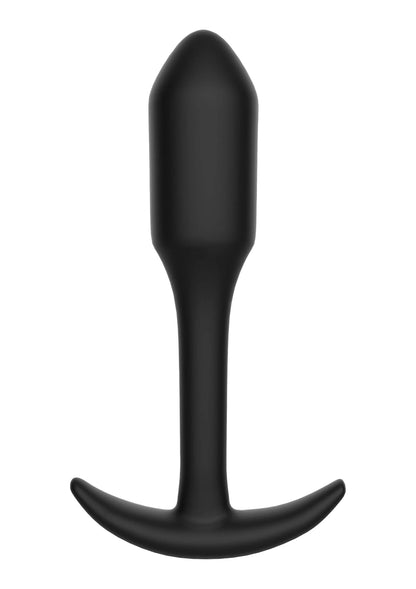 Zwarte anale plug met ronde punt en brede U-vormige flens, glad.