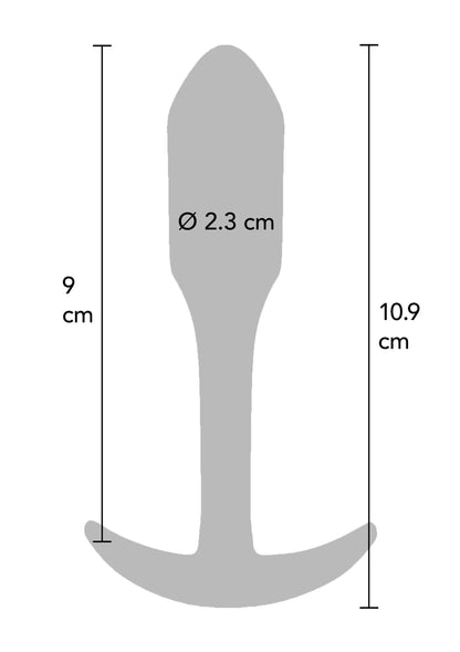 Anale plug-schets met Ø 2,3 cm en hoogte 10,9 cm, gebogen flens.