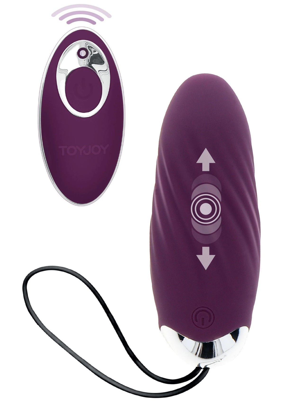 Paarse ovale eier-vibrator met zilveren onderkant en zwarte kabel, bedieningspijlen