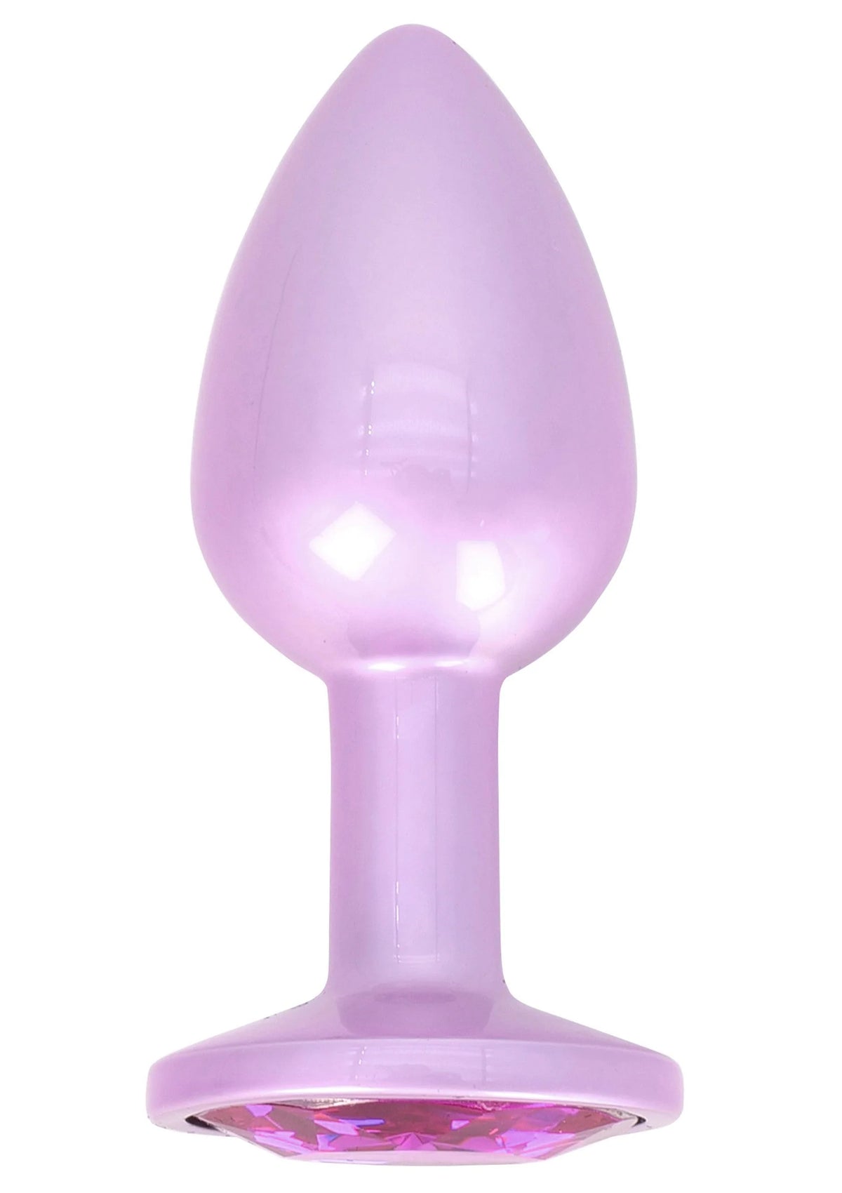 Paarse buttplug met glanzende, ronde voet en brede basis, transparante look