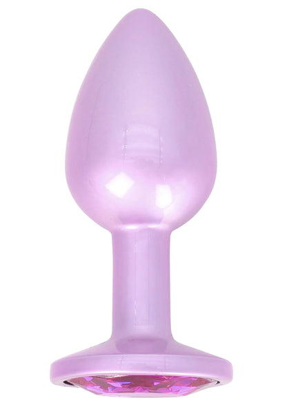 Paarse buttplug met glanzende, ronde voet en brede basis, transparante look