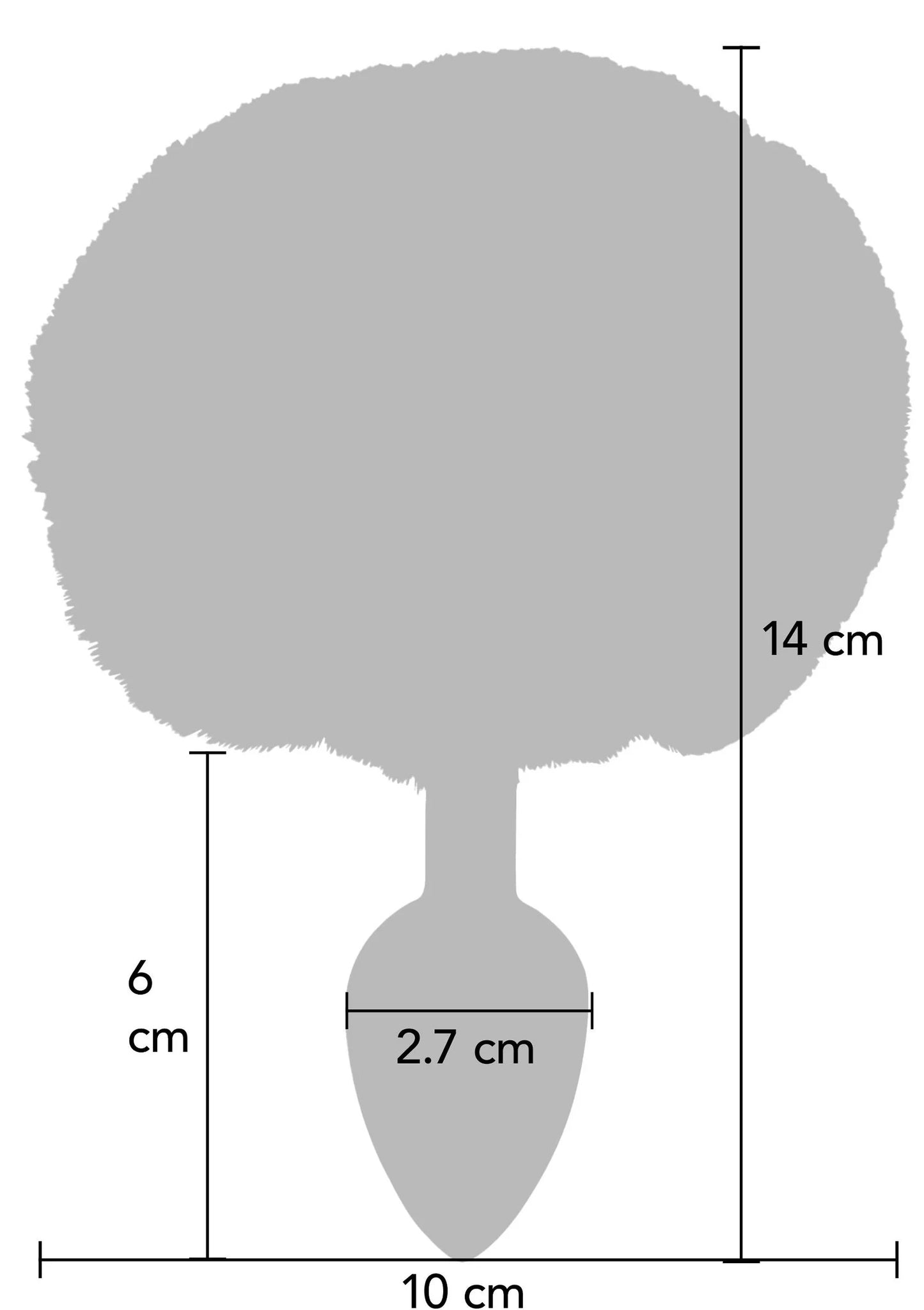 Buttplug afmetingen: 14 cm hoog, 10 cm breed, 6 cm pluimhoogte