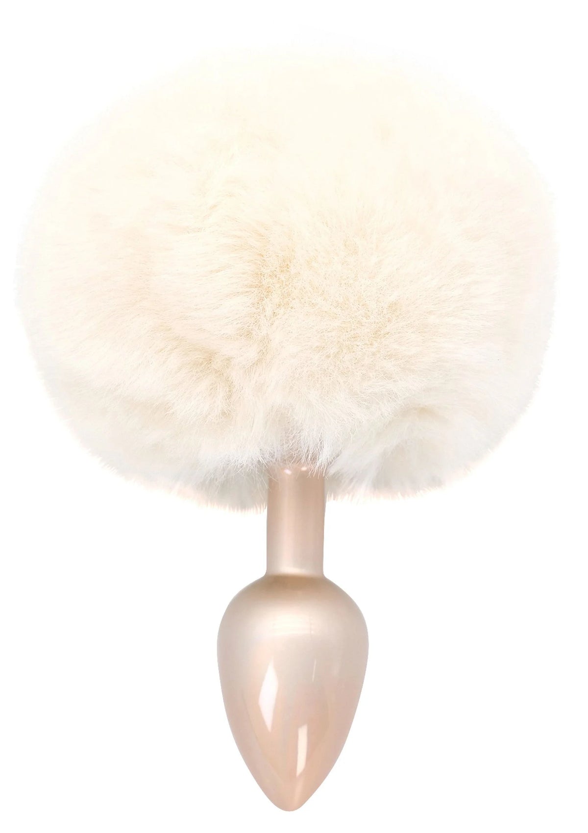 Witte pluizige konijnenstaart buttplug met glanzende, druppelvormige plug